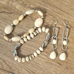 Cream Cracked Stones and 925 Silver Jewelry Set Of Bracelets & Dangle Earrings
